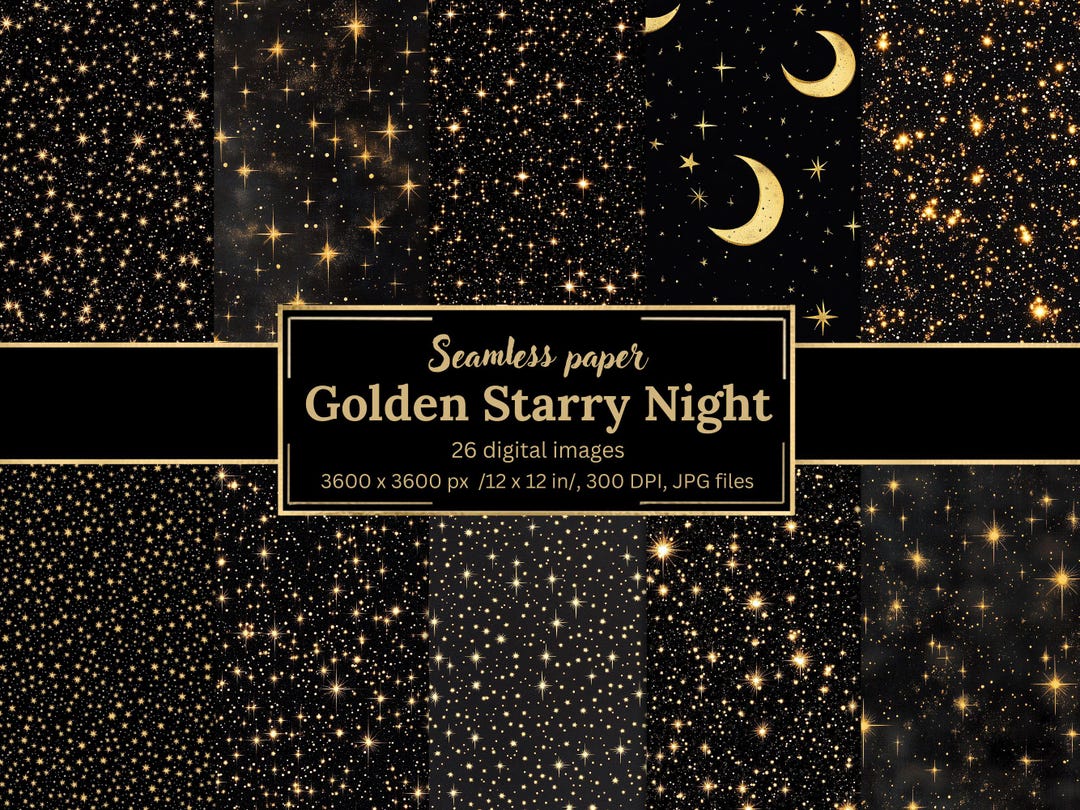 Golden Starry Night Digital Paper Pack, 26 Seamless Gold Stars ...