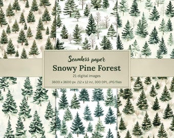 Snowy Pine Forest Seamless Digital Paper Pack, Watercolor Winter Backgrounds, Woodland Evergreen Patterns