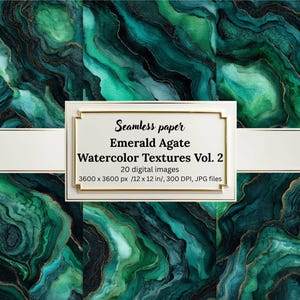 May include: Seamless paper digital images featuring Emerald Agate watercolor textures. The design showcases swirling patterns in shades of green and black with gold accents. The image includes the text "Seamless paper Emerald Agate Watercolor Textures Vol. 2". The images are 12 x 12 inches.