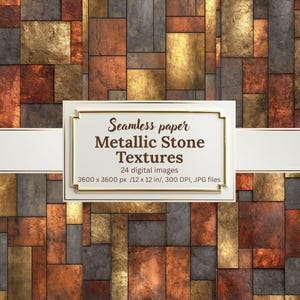 May include: Seamless paper metallic stone textures. The image displays a repeating pattern of rectangular stone blocks in shades of brown, gold, and gray. A white banner with gold trim and text overlays the pattern, advertising the product.