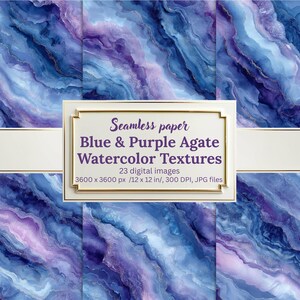 May include: Seamless paper with blue and purple agate watercolour textures. The image includes 23 digital images, each 3600 x 3600 px (30.5 x 30.5 cm) at 300 DPI, in JPG file format. The design showcases a marbled effect with shades of blue, purple, and gold.