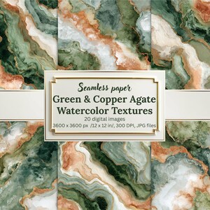 以下が含まれることがあります： 緑と銅のアゲート水彩テクスチャを特徴とするデジタルシームレスペーパー。画像には、3600 x 3600 px、または30.5 x 30.5 cm、300 DPIのJPGファイルで、それぞれ20個のデジタル画像が含まれています。デザインは、緑、銅、白の色合いで大理石の効果があります。