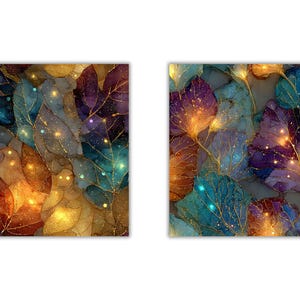 May include: Two square art prints featuring a repeating pattern of stylized leaves. The leaves are in shades of teal, purple, and gold, with a sparkling effect. The overall theme is nature and abstract art.