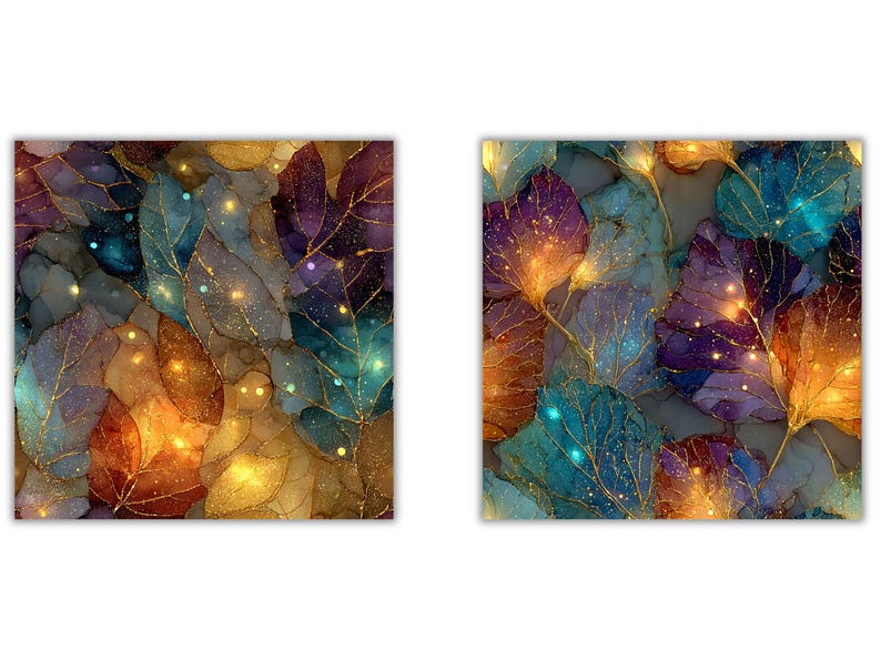 May include: Two square art prints featuring a repeating pattern of stylized leaves. The leaves are in shades of teal, purple, and gold, with a sparkling effect. The overall theme is nature and abstract art.