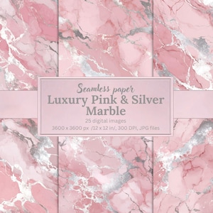 Op de afbeelding: Digitale naadloze papieren achtergrond met een roze en zilveren marmerontwerp. De afbeelding bevat de tekst "Luxury Pink & Silver Marble" en details over de digitale afbeeldingen, inclusief de grootte van 30.48 x 30.48 cm en 300 DPI.