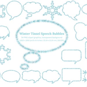 Peut inclure: Ensemble de bulles de dialogue et de flocons de neige sur le thème de l'hiver, de couleur bleu clair, avec un contour en forme de guirlande. L'image comprend diverses formes et le texte "Winter Tinsel Speech Bubbles".