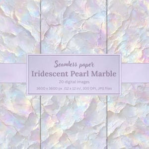 May include: Seamless digital paper featuring an iridescent pearl marble design. The image shows a textured, pearlescent surface with subtle color variations. The text on the image reads "Seamless paper Iridescent Pearl Marble" with 20 digital images, 3600 x 3600 px / 12 x 12 in, 300 DPI, JPG files.
