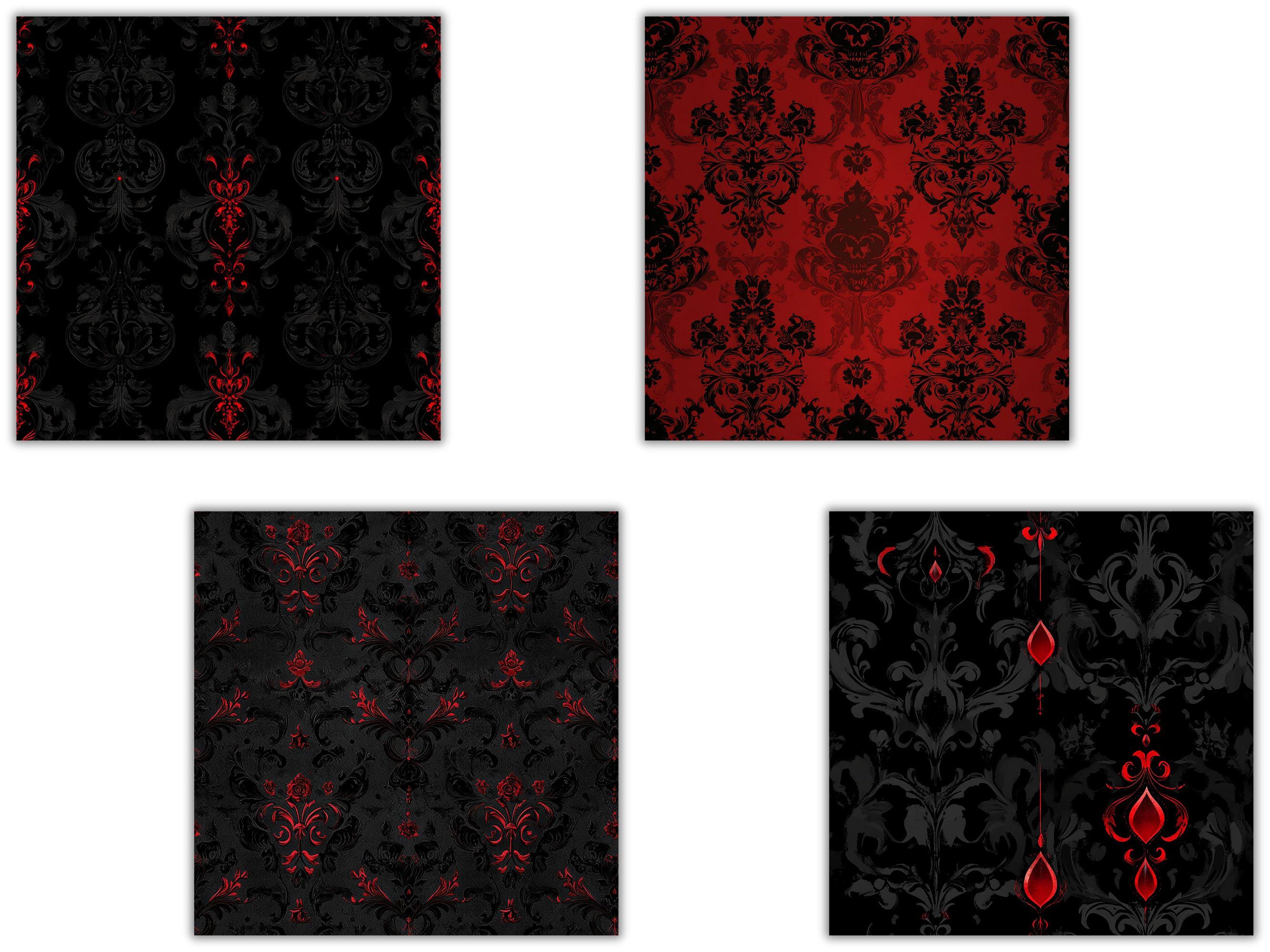 Gothic Halloween Elegance Digital Papers, Black & Red Damask, Roses ...