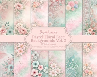Pastel Floral Lace Backgrounds, Romantic Vintage Digital Paper, Blush Pink Sage Green Watercolor Textures