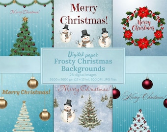 Frosty Christmas Digital Paper Pack, Blue Winter Backgrounds, Snowfall Textures, Holiday Scrapbook