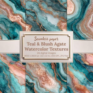 Könnte beinhalten: Eine Sammlung digitaler nahtloser Papierbilder mit teal, blush und goldfarbenen Achat-Aquarelltexturen. Die Bilder sind 3600 x 3600 px, ca. 30.5 x 30.5 cm, 300 DPI, in JPG-Dateien. Der Text auf dem Bild lautet: "Seamless paper Teal & Blush Agate Watercolor Textures".