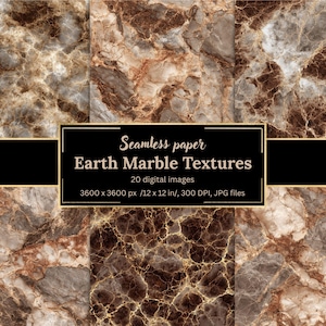 May include: A collection of seamless Earth Marble Textures in shades of brown, gray, and white. The image includes 20 digital images, each 3600 x 3600 pixels, or 12 x 12 inches, at 300 DPI, in JPG format. The text "Seamless paper Earth Marble Textures" is displayed.