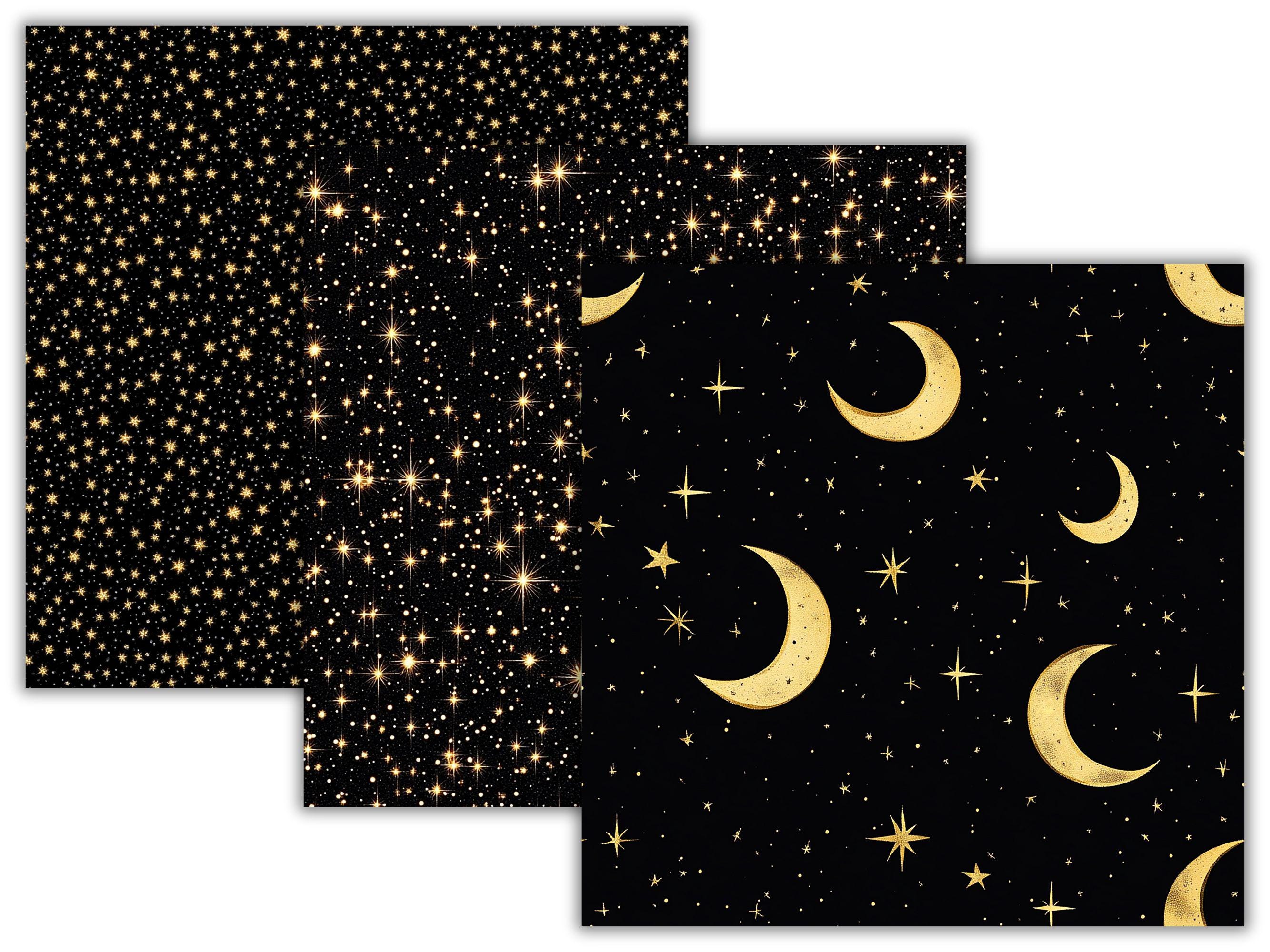 Golden Starry Night Digital Paper Pack, 26 Seamless Gold Stars ...