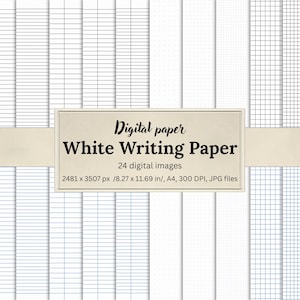 May include: Digital paper set featuring various white writing paper designs with lines, dots, and grids. The image includes 24 digital images, each sized at 8.27 x 11.69 inches, suitable for digital use. The text "White Writing Paper" is displayed.