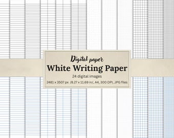 Notebook Paper Pack - 24 Lined, Dotted & Grid Templates, Printable Notebook Pages, Junk Journal Paper, A4, White Background, Black Blue Ink