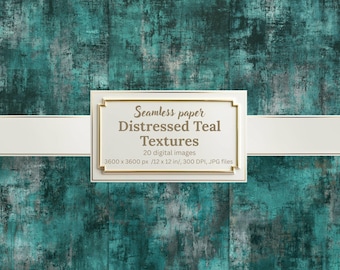 Distressed Teal Digital Paper Bundle, Seamless Blue Green Backgrounds, Grunge Teal Gray Textures, Printable Scrapbook Papers, Rustic, Patina