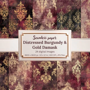 Distressed Burgundy and Gold Damask Digital Paper Bundle – 24 Seamless Backgrounds with Vintage Grunge Textures, Scrapbooking, Junk Journals