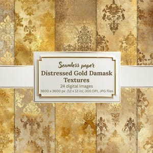 Distressed Gold Damask Digital Paper Bundle, 24 Seamless Vintage Textures, Antique Baroque Backgrounds, Scrapbooking, Junk Journals, Crafts