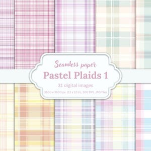 以下が含まれることがあります： パステルカラーの格子柄のデザインが施された、シームレスなデジタルパターン31個のセット。各パターンは3600 x 3600ピクセル、12 x 12インチ、300 DPI、JPG形式です。