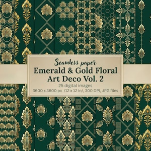 Emerald & Gold Floral Art Deco Digital Paper Bundle, 25 Seamless Patterns and Backgrounds, Leaves, Fans, Geometric Motifs, Scrapbooking, JPG