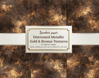 Distressed Metallic Gold and Bronze Digital Paper Bundle, Seamless Grunge Textures, Abstract Brown Backgrounds, Printable Scrapbook Papers