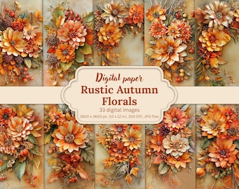 Rustic Autumn Florals Digital Paper Pack, 33 Fall Flower Backgrounds, Junk Journal, Scrapbooking, Cards, Vintage Textures, Botanical Design