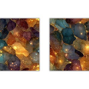 May include: Two abstract art prints with a colorful, gemstone-like design. The prints feature a mix of teal, purple, orange, and gold hues, with a sparkling, glittery effect. The overall theme is a modern, artistic style.