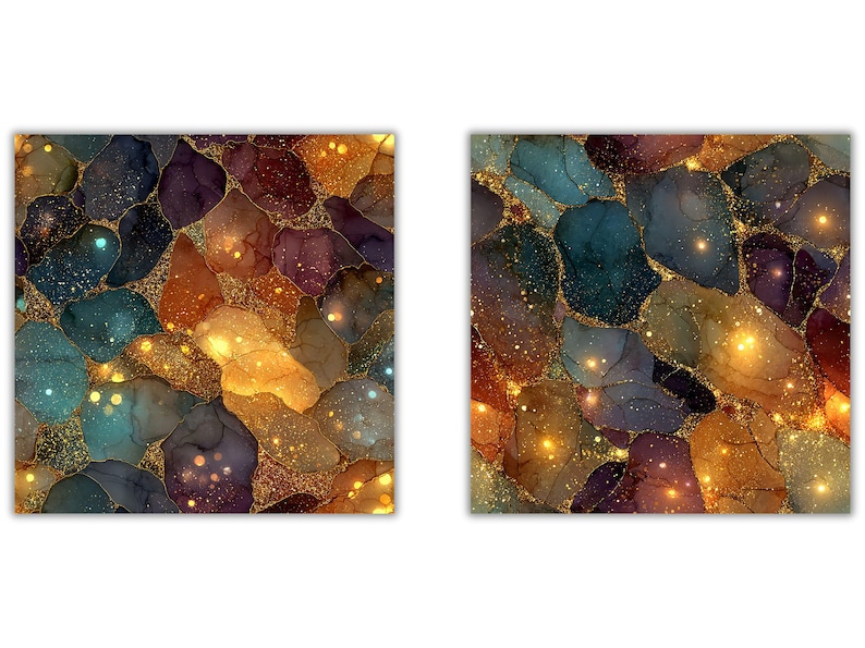May include: Two abstract art prints with a colorful, gemstone-like design. The prints feature a mix of teal, purple, orange, and gold hues, with a sparkling, glittery effect. The overall theme is a modern, artistic style.