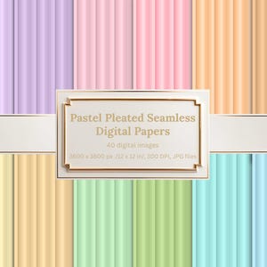 Può includere: Una collezione di carte digitali dai colori pastello con un design a pieghe. L'immagine presenta vari colori, tra cui lavanda, rosa, pesca, giallo, verde e blu. Il testo recita "Pastel Pleated Seamless Digital Papers". Ogni immagine misura 30.48 x 30.48 cm.
