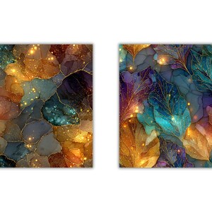 May include: Two abstract art prints. The first features a mosaic of gold, teal, brown, and purple shapes with gold accents. The second print shows stylized leaves in shades of teal, gold, and purple with gold veins and sparkling highlights.