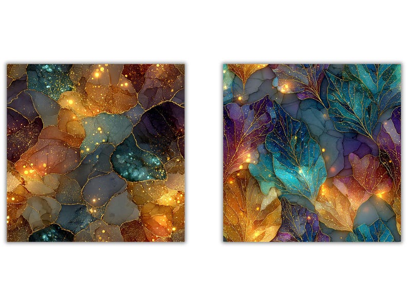 May include: Two abstract art prints. The first features a mosaic of gold, teal, brown, and purple shapes with gold accents. The second print shows stylized leaves in shades of teal, gold, and purple with gold veins and sparkling highlights.