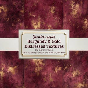 Puede incluir: Papel digital sin costuras con una textura envejecida burdeos y dorada. La imagen incluye una pancarta blanca con el texto "Seamless paper Burgundy & Gold Distressed Textures". Las dimensiones de la imagen son 3600 x 3600 px, o 30,48 x 30,48 cm.