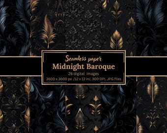 May include: A collection of seamless digital papers with a dark, baroque theme. The designs feature ornate patterns in black, gold, and navy blue. The text on the image reads "Midnight Baroque" and specifies 25 digital images, 3600 x 3600 px / 12 x 12 in, 300 DPI, JPG files.