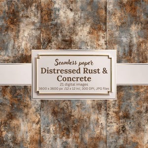 May include: Seamless digital paper with a distressed rust and concrete texture. The background features a blend of brown, gray, and blue hues. The image includes a white banner and a framed label with product details, including 21 digital images, 3600 x 3600 px /12 x 12 in/, 300 DPI, JPG files.