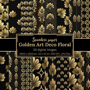 Golden Art Deco Floral Digital Paper - 20 Seamless Luxury Gold Patterns, Black and Gold Backgrounds, 1920s Elegant Floral Designs, Branding