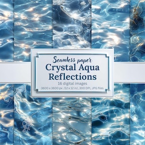Puede incluir: Un conjunto de 16 imágenes digitales que presentan patrones sin costuras de reflejos de agua cristalina. Cada imagen mide 3600 x 3600 píxeles, aproximadamente 30,5 x 30,5 cm, y 300 DPI, en formato JPG. Las imágenes muestran diversas texturas de agua azul.