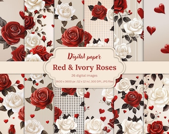 Red & Ivory Roses Digital Paper Pack, Romantic Floral Heart Backgrounds, Wedding Valentine Scrapbooking