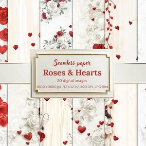 Romantic Roses and Hearts Seamless Digital Papers, Red & White Floral Backgrounds, Valentine's Day, Wedding