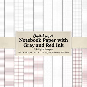 Op de afbeelding: Digitaal papier met verschillende notitiepapierontwerpen. De afbeelding toont een verzameling digitaal papier met grijze en rode inkt, inclusief gelijnde, gestippelde en geruite patronen. De tekst op de afbeelding luidt "Digital paper Notebook Paper with Gray and Red Ink".