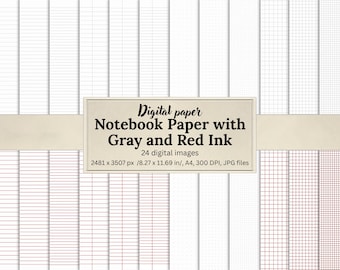 Notebook Paper Bundle - 24 Lined, Dotted & Grid Templates, Printable Notebook Pages, Junk Journal Paper, A4, Scrapbooking, Gray and Red Ink