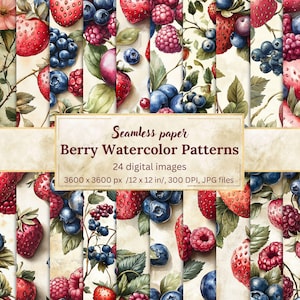 Berry Watercolor Digital Papers | 24 Seamless Patterns | Strawberries, Blueberries & Raspberries | Fruit Backgrounds | Scrapbooking, Crafts