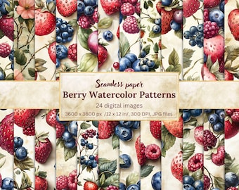 Berry Watercolor Digital Papers | 24 Seamless Patterns | Strawberries, Blueberries & Raspberries | Fruit Backgrounds | Scrapbooking, Crafts