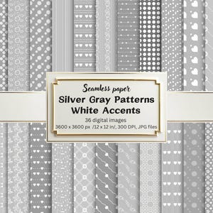 Silver Gray Seamless Digital Paper Bundle with White Accents | 36 Geometric, Abstract, Floral & Heart Patterns | Scrapbooking, Invitations