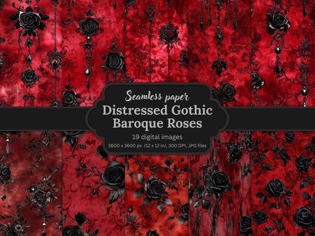Distressed Gothic Roses Digital Paper Bundle, Seamless Baroque Floral ...