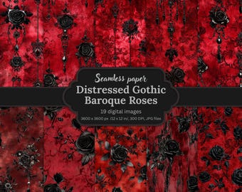 Distressed Gothic Roses Digital Paper Bundle, Seamless Baroque Floral Backgrounds, Vintage Dark Patterns, Sublimation, Scrapbooking, Invites