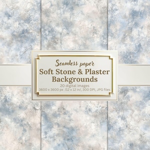 May include: Digital seamless paper backgrounds featuring soft stone and plaster textures in shades of blue, gray, and white. The image includes a framed text box with product details, including 20 digital images, each 12 x 12 inches.
