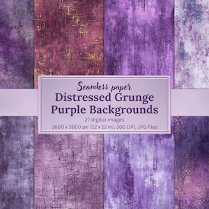 Könnte beinhalten: Eine Sammlung nahtloser digitaler Papiere mit Distressed-Grunge-Texturen in verschiedenen Lilatönen. Das Bild enthält ein Banner mit dem Text "Seamless paper Distressed Grunge Purple Backgrounds". Jedes Bild ist 30.48 x 30.48 cm groß.