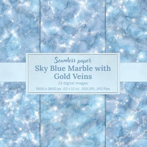 May include: Seamless digital paper featuring a sky blue marble design with gold veins. The image includes the text "Sky Blue Marble with Gold Veins" and dimensions of 3600 x 3600 px, 12 x 12 in, 300 DPI, JPG files.