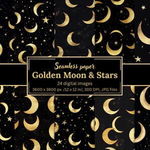 Golden Moon and Stars Digital Paper Bundle, 24 Black and Gold Celestial Seamless Backgrounds, Crescent Moon and Star Patterns, Scrapbooking