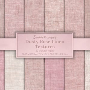 Könnte beinhalten: Eine Sammlung nahtloser digitaler Papiertexturen in verschiedenen Nuancen von altrosa Leinenstoff. Ein zentrales rechteckiges Etikett zeigt den Text: Seamless paper Dusty Rose Linen Textures, 22 digital images, 3600 x 3600 px / 12 x 12 in, 300 DPI, JPG files.